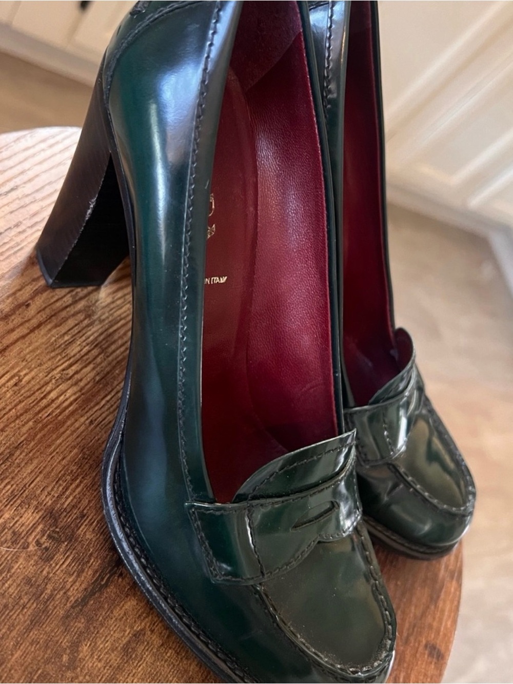 PRADA AUTHENTIC VINTAGE SPAZZALATO FUME HIGH HEEL LOAFERS